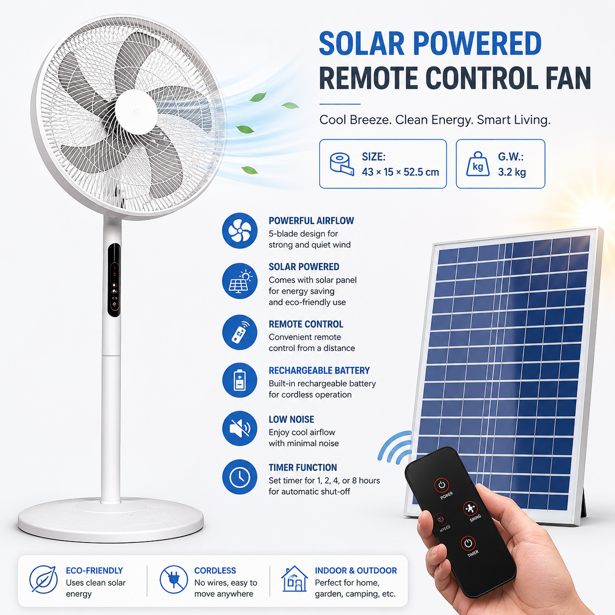 Rechargeable Solar Standing Fan with Remote Control – Energy-Saving Pedestal Fan with Solar Panel - Image 4