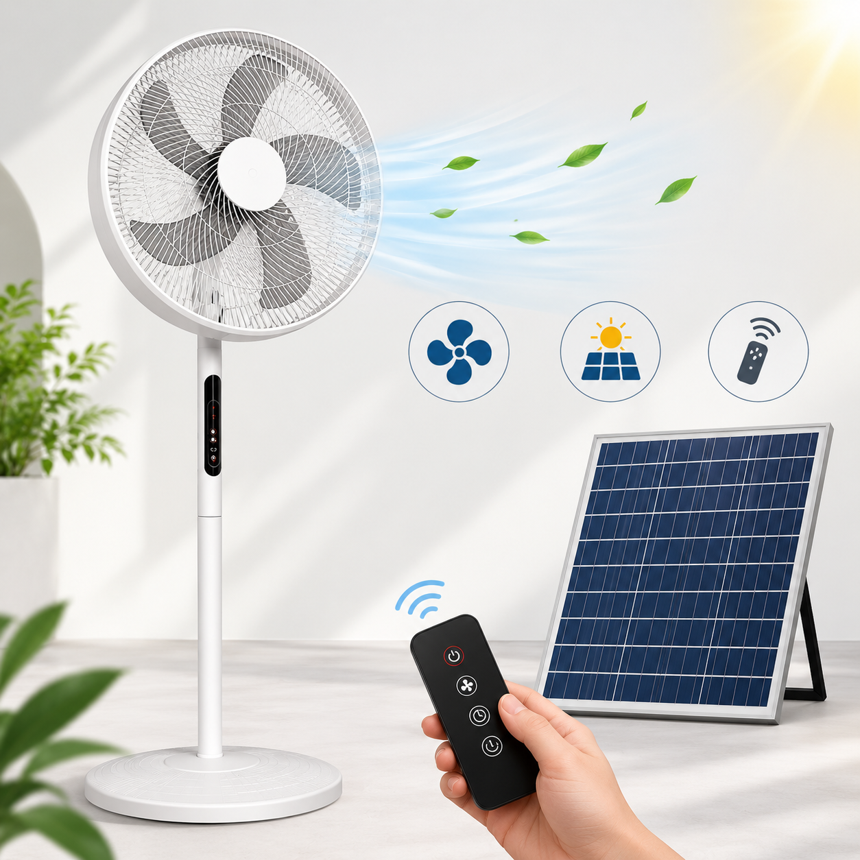 Rechargeable Solar Standing Fan with Remote Control – Energy-Saving Pedestal Fan with Solar Panel - Image 3