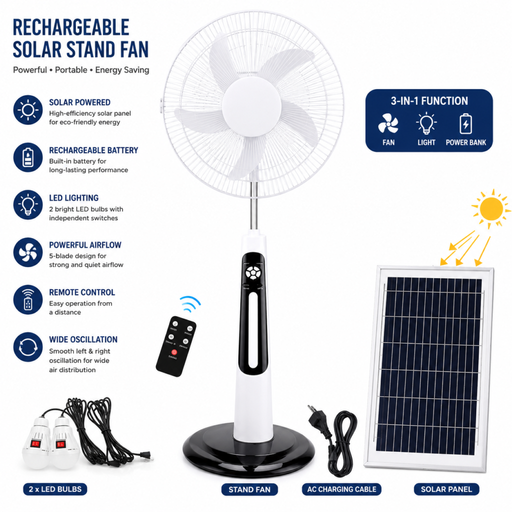 Solar Rechargeable Standing Fan with LED Lights & Remote Control