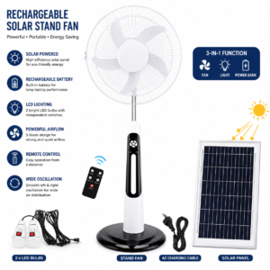 Solar Rechargeable Standing Fan with LED Lights & Remote Control