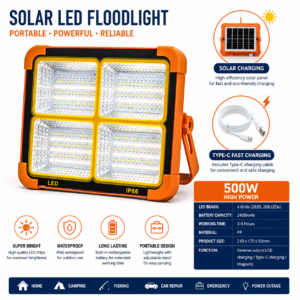 500W Solar Rechargeable LED Lamp & Type-C Fast Charging Option