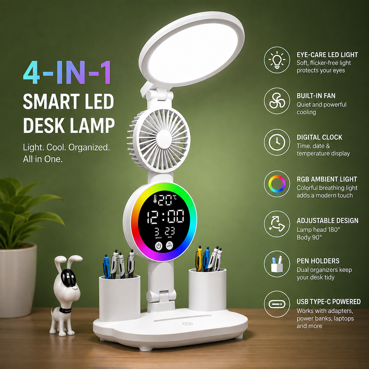 Smart LED Desk Lamp with Fan, Digital Clock & Pen Holder - Image 2