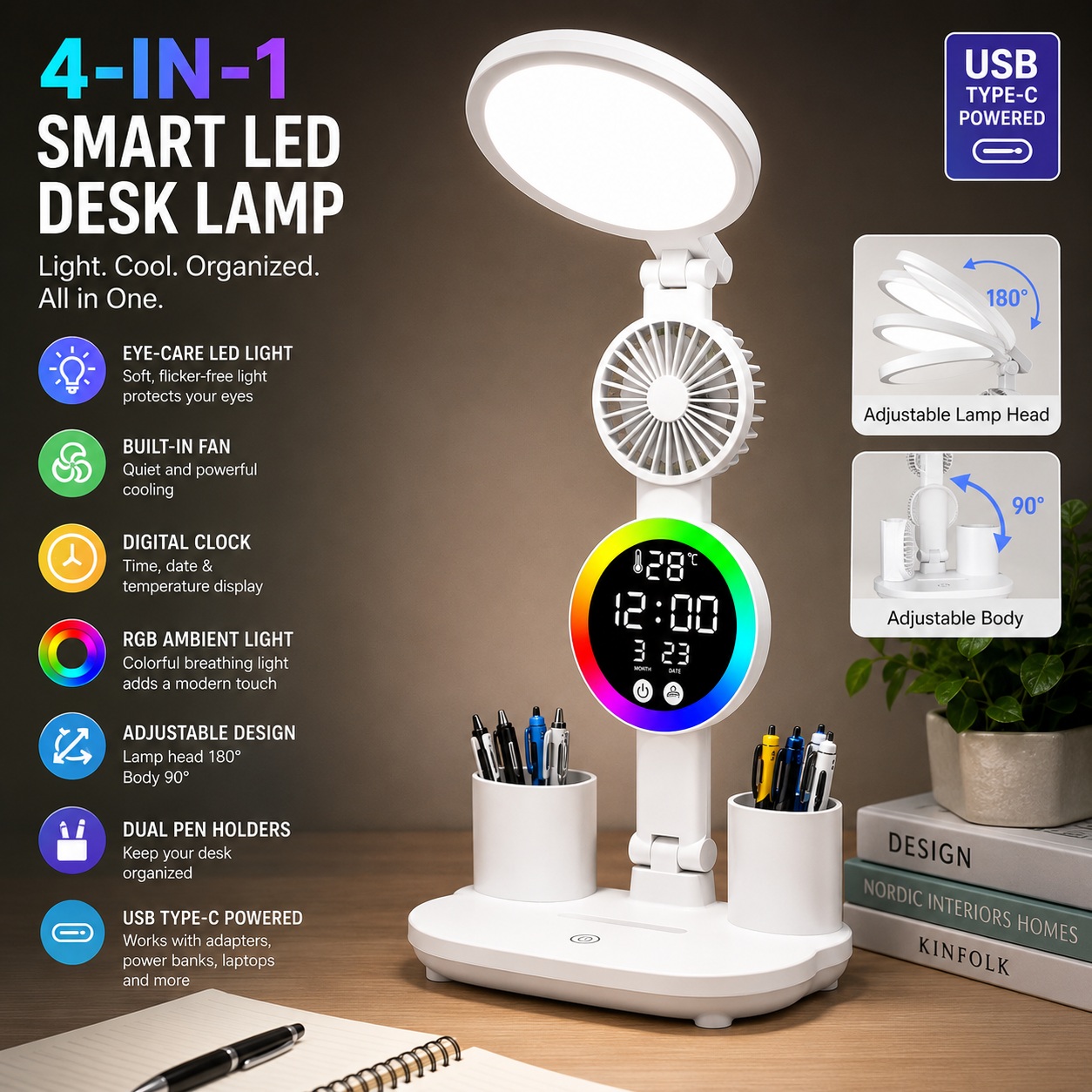 Smart LED Desk Lamp with Fan, Digital Clock & Pen Holder - Image 5