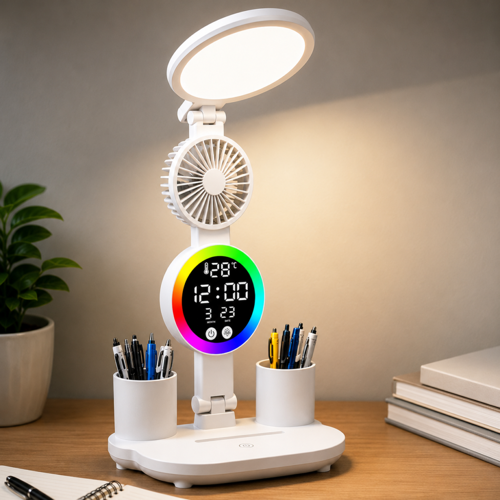 Smart LED Desk Lamp with Fan, Digital Clock & Pen Holder