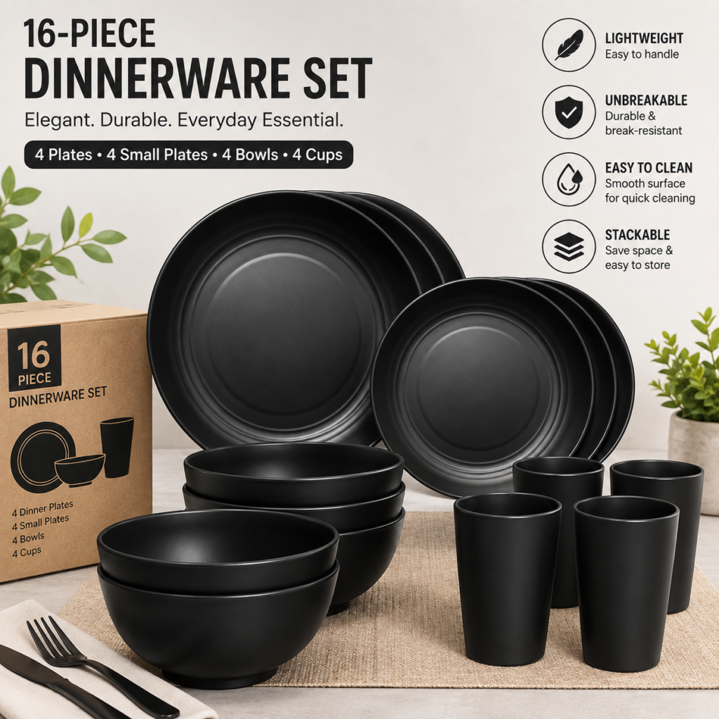 16-Piece Black Unbreakable Dinnerware Set