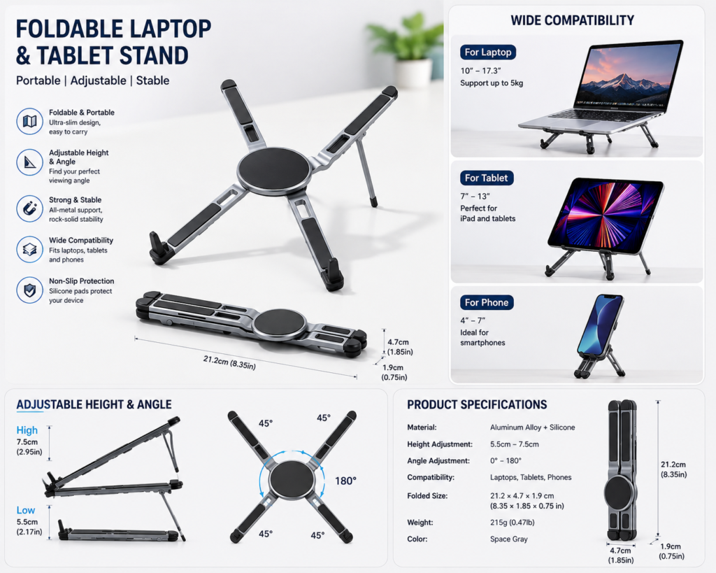 Portable Foldable Aluminum Alloy Laptop, Tablet & Phone Stand