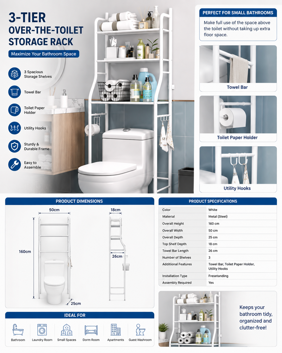 3-Tier Over-the-Toilet Bathroom Storage Rack - Image 2