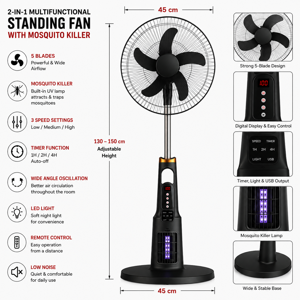 Multifunctional Solar Rechargeable Standing Fan with Built-In Mosquito Killer - Image 5