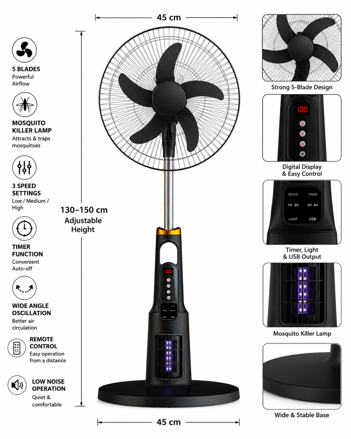 Multifunctional Solar Rechargeable Standing Fan with Built-In Mosquito Killer - Image 4