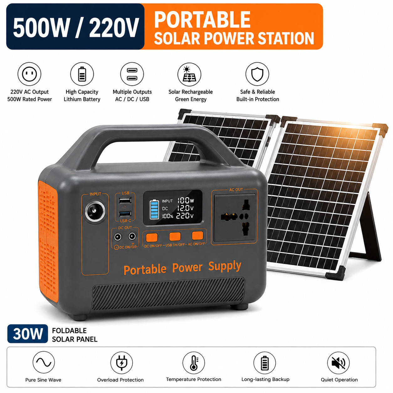 Portable Solar Power Station – 400W / 500W, 220V