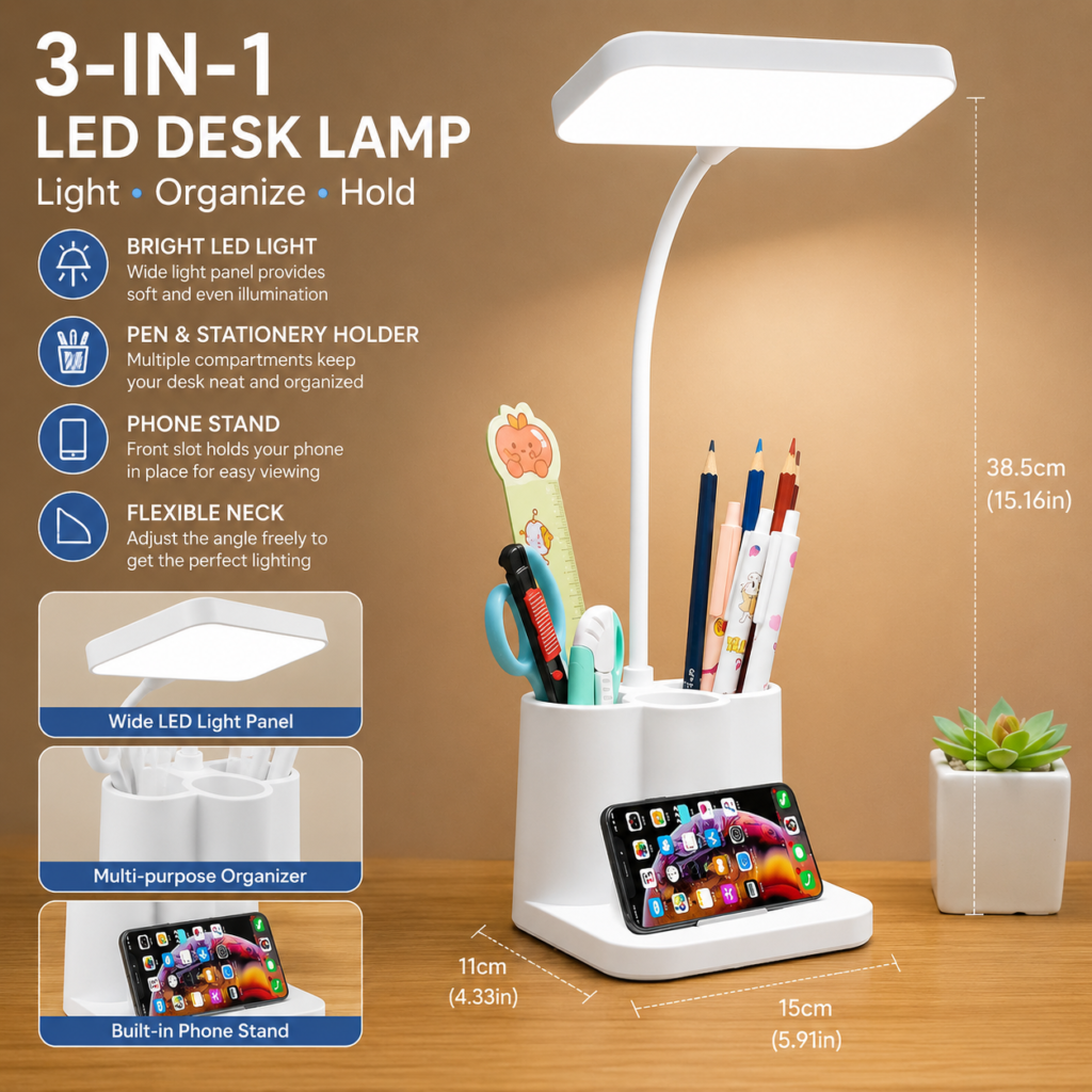 Multifunctional LED Desk Lamp with Pen Holder & Phone Stand